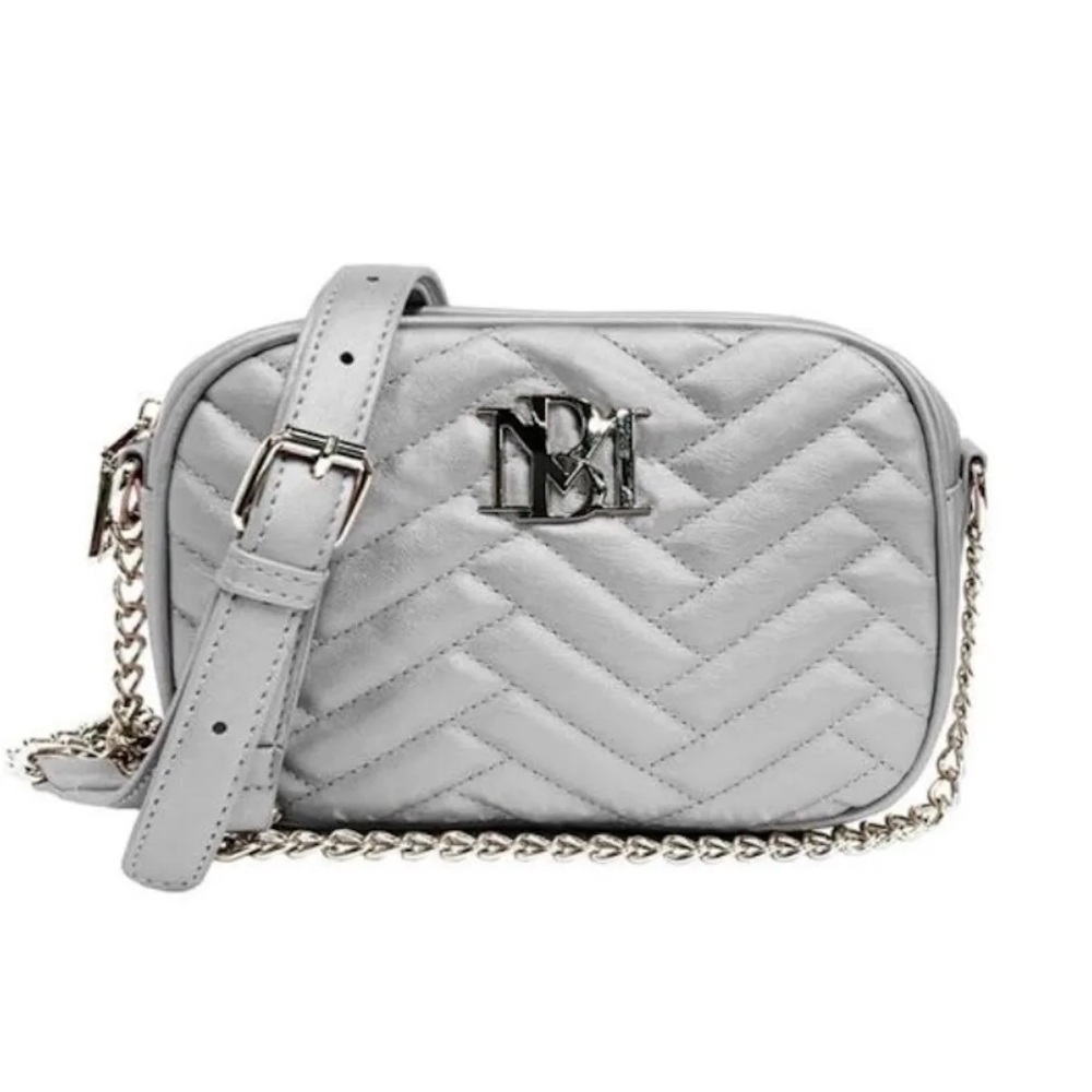 BADGLEY MISCHKA Metallic Grey Silver Camera Bag Chain Strap NWT